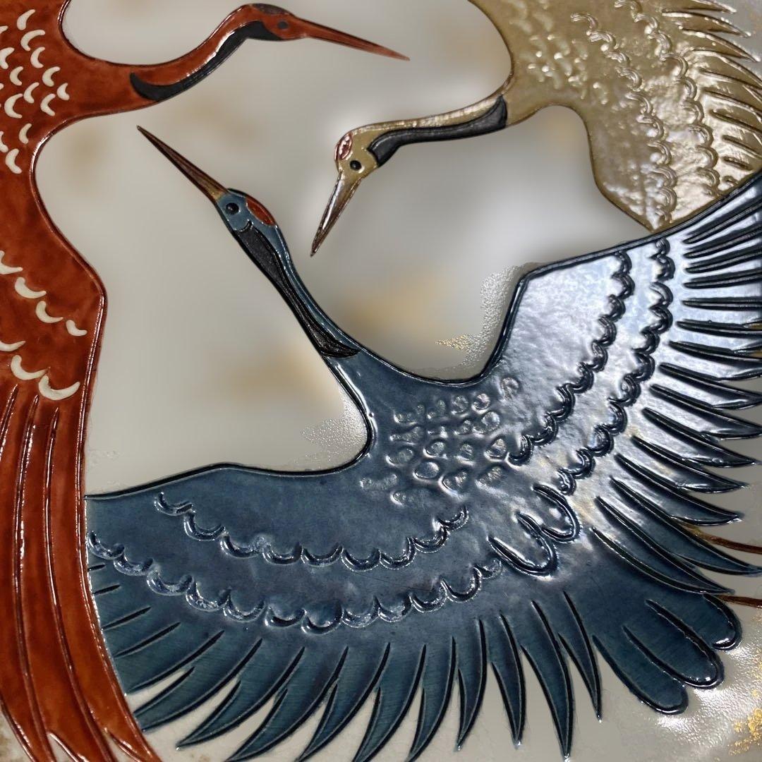 色絵三鶴 額皿 螢窯 中村翠恒氏作 34㎝ 共箱