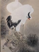 真作】掛軸 松上鶴 吉祥を描く優雅な彩色美 長寿と繁栄 共箱入 T143