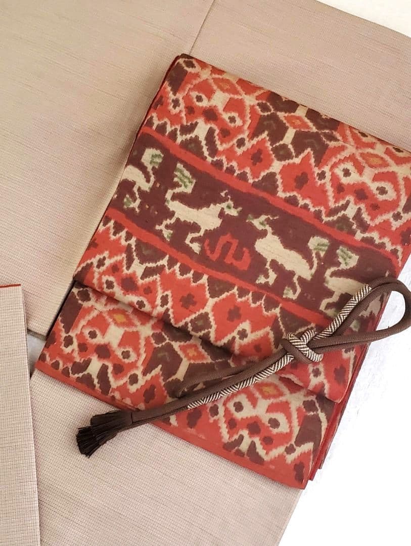 異国風の袋帯 イカット インドネシア エスニック 赤茶 正絹