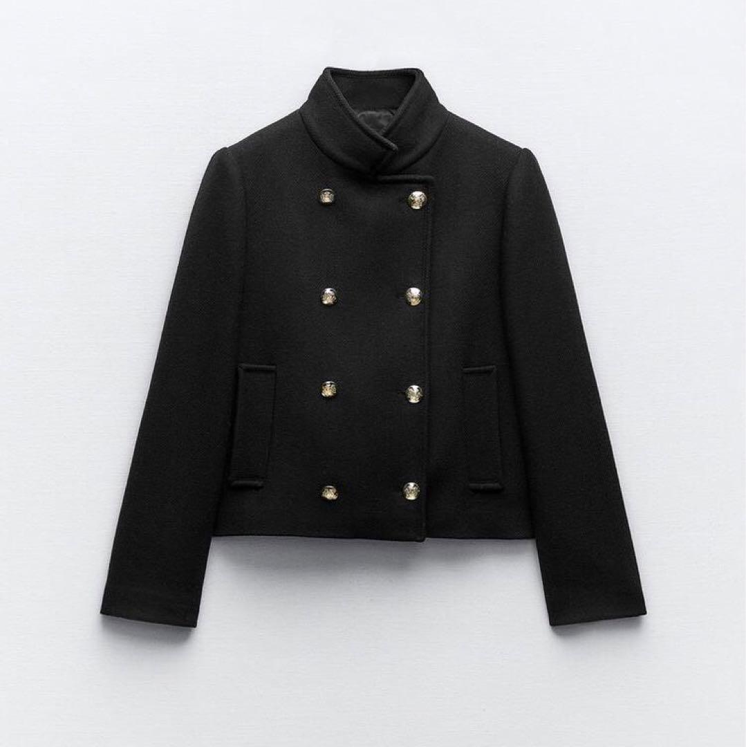 ZARA ハイネック ショート ダブルブレスト コート M ブラック - メルカリ