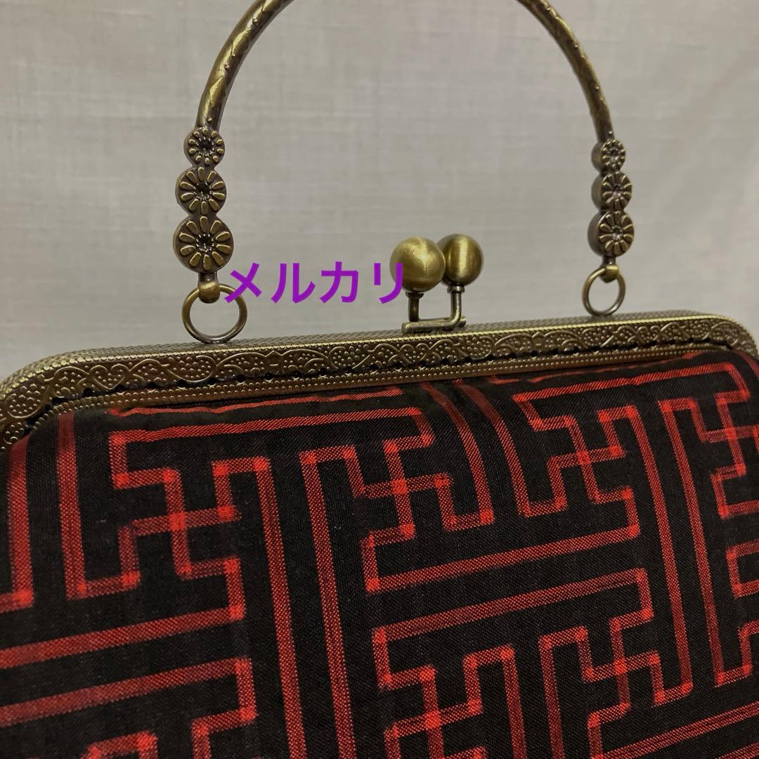 大島紬 龍郷 秋名バラ 赤4玉 がま口バッグ ハンドメイド 着物バッグ