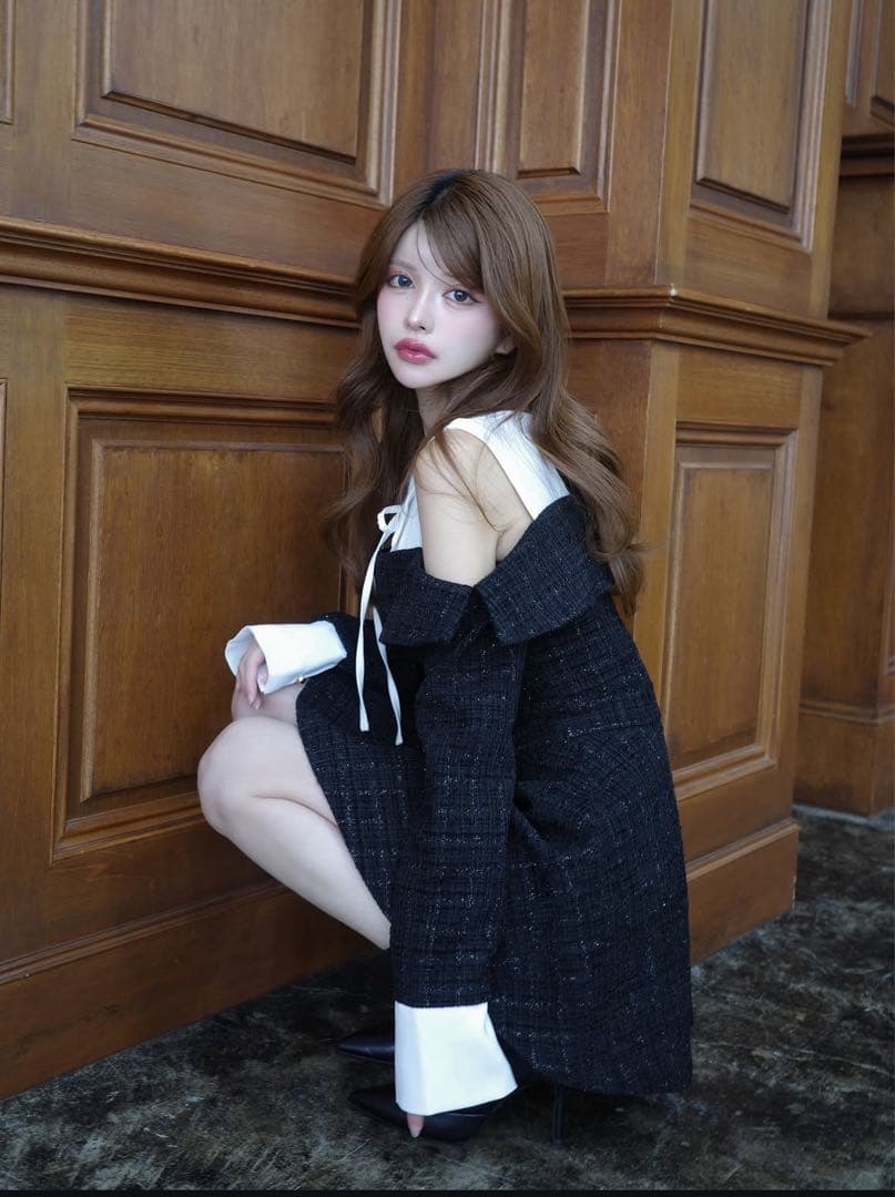 Randy ツイードショルダーカットフレアミニワンピース