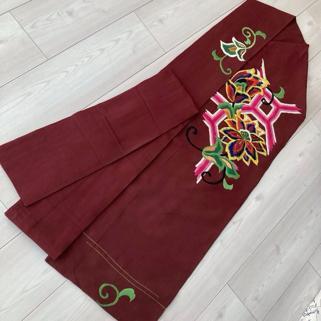 アンティーク名古屋帯　刺繍の花唐草　チョコレートブラウン　正絹　No.6-28
