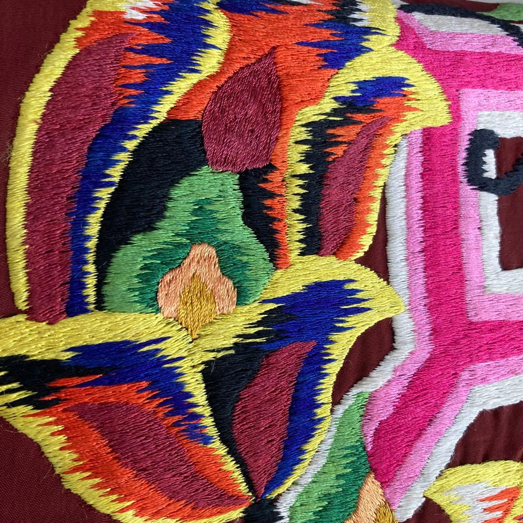 アンティーク名古屋帯　刺繍の花唐草　チョコレートブラウン　正絹　No.6-28