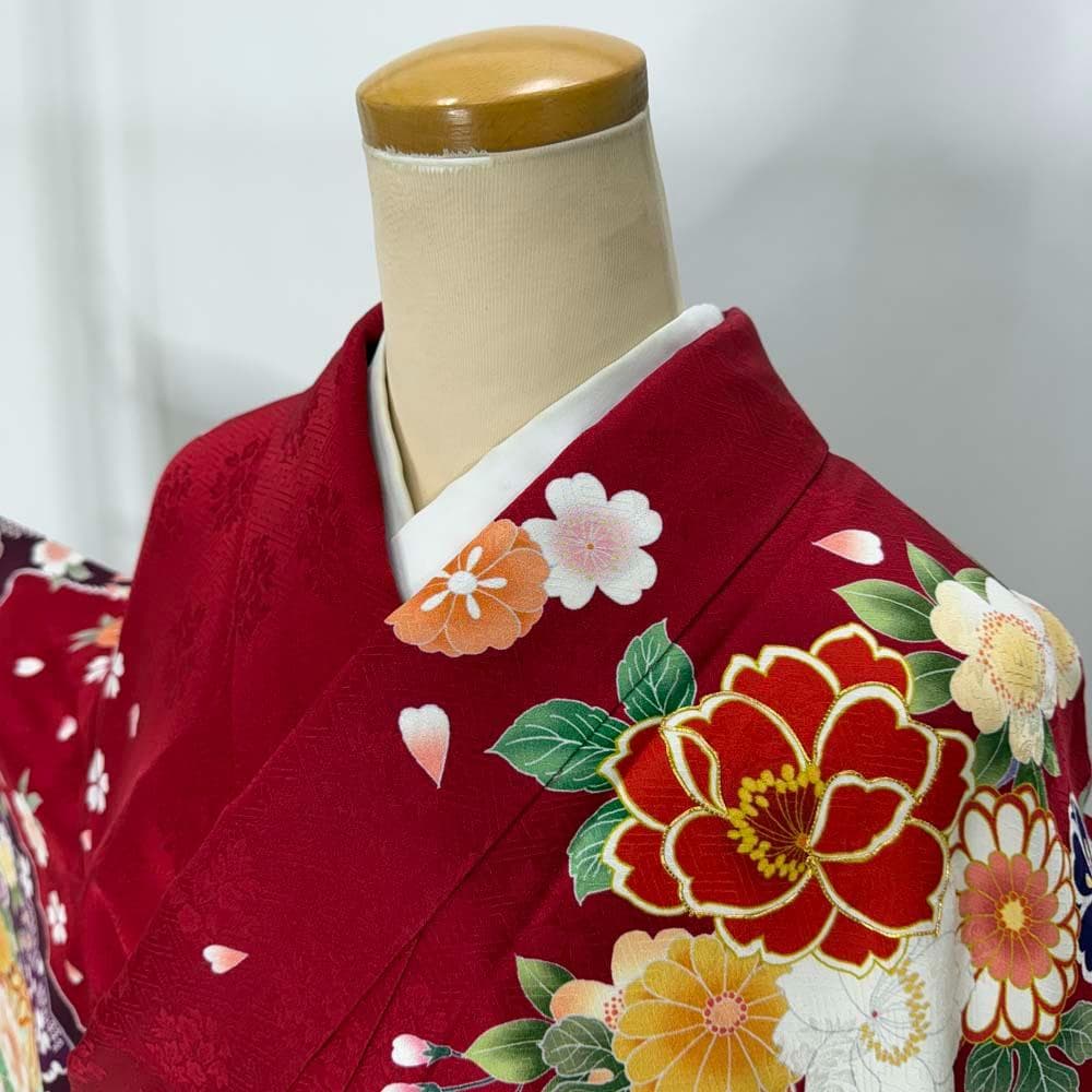 振袖 正絹 赤 黄色 古典花柄 裄68.8㎝ 成人式 中古 c-80 - メルカリ