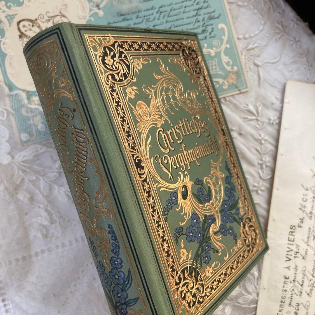 L-314洋書古書ドイツアンティーク金彩わすれな草の装丁のメモリアル