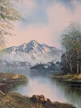 真作】絵画 油彩10号 湖畔と雪山 静謐な自然美あふれる風景画 Y51