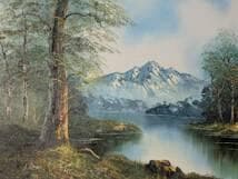 真作】絵画 油彩10号 湖畔と雪山 静謐な自然美あふれる風景画 Y51
