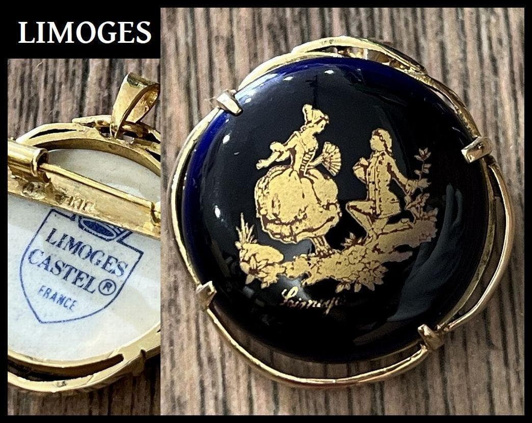 フランス製 リモージュ 七宝焼 K18 枠 ペンダント 兼 ブローチ 9.8g