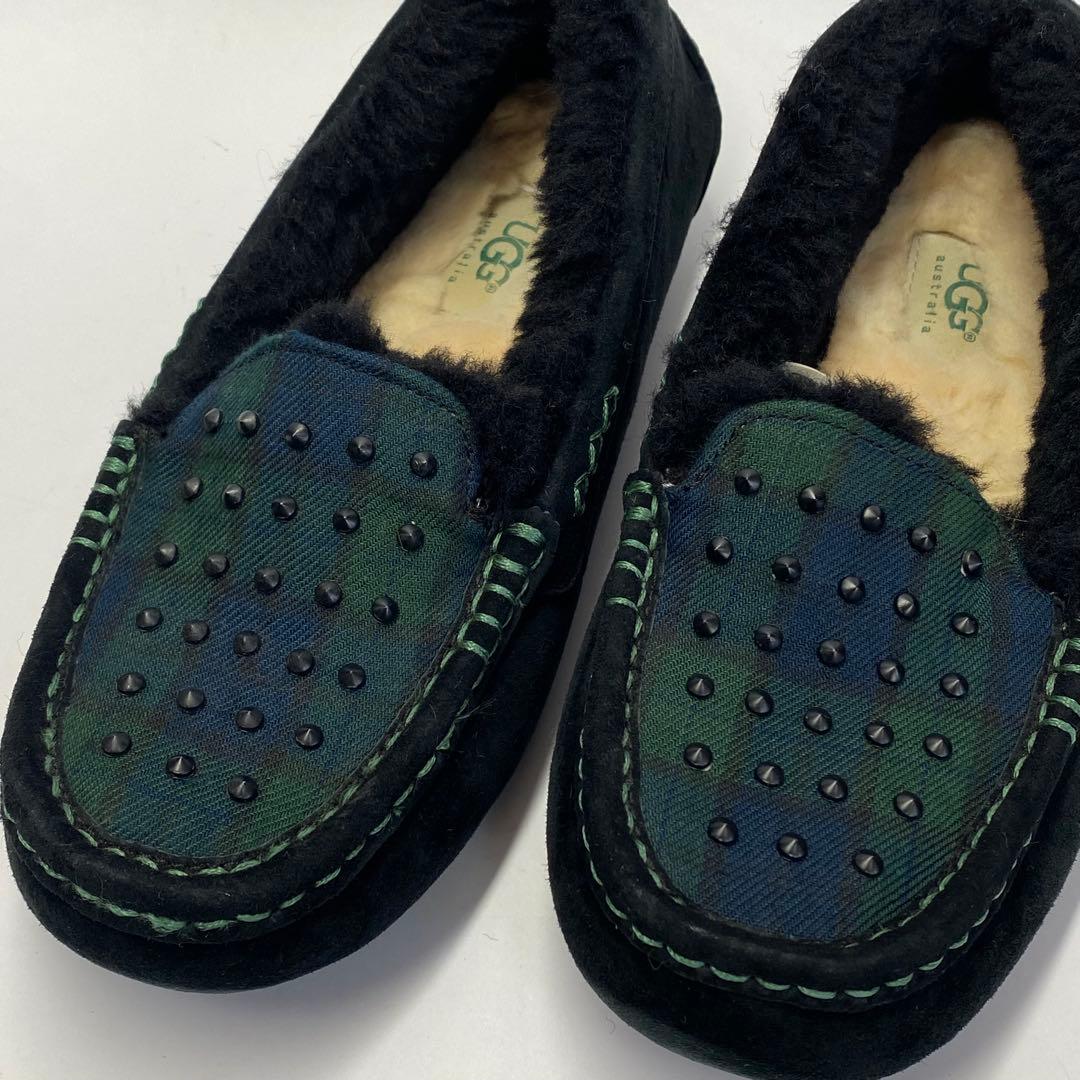 UGG 24.0cm スエード モカシン ブラック グリーン　ボア　スタッズ