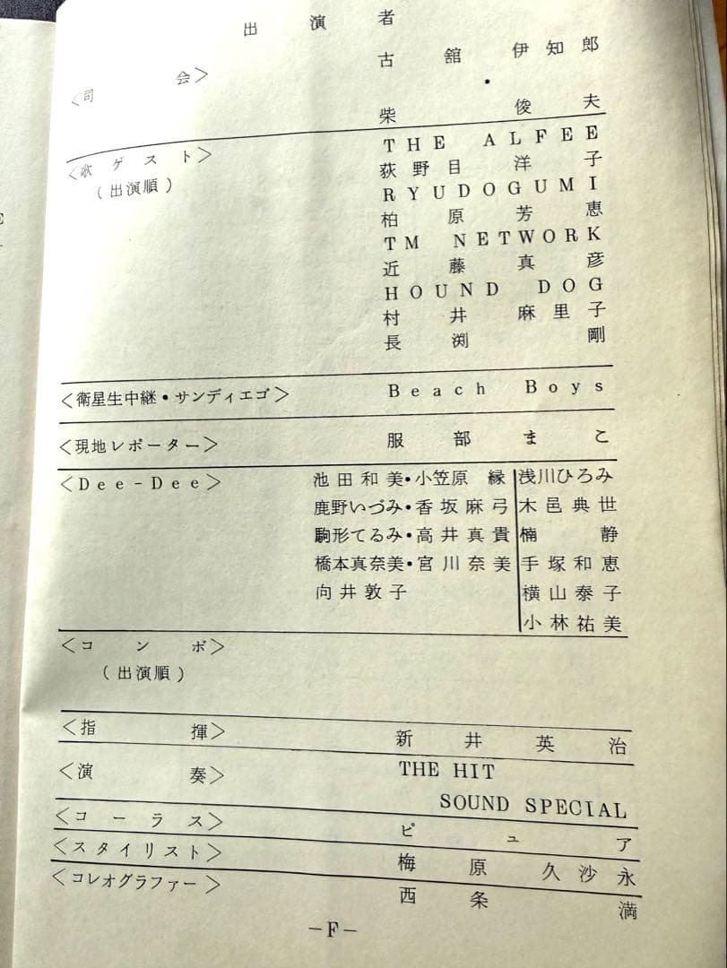 夜のヒットスタジオ台本1989/3/8 近藤真彦、ALFEE、長渕剛、柏原芳恵他