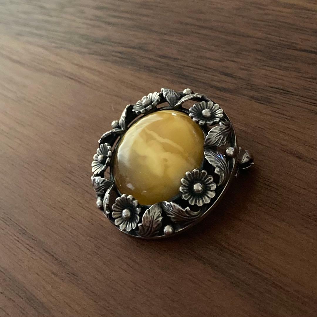 希少＊ヴィンテージ＊N.E.FROM 琥珀　ブローチ　デイジー　シルバー　北欧