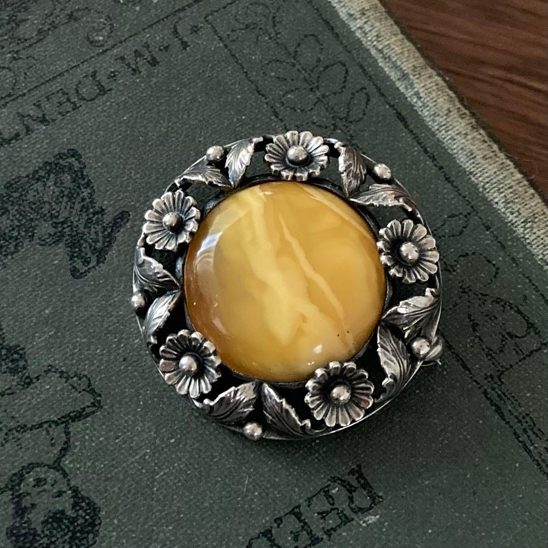 希少＊ヴィンテージ＊N.E.FROM 琥珀　ブローチ　デイジー　シルバー　北欧