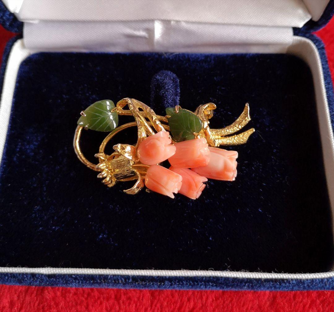 ビンテージ ブローチ 美品 ピンク珊瑚 翡翠 彫刻 チューリップ モチーフ 海の秘宝珊瑚：ブローチ20 - 高知県宿毛市｜ふるさとチョイス