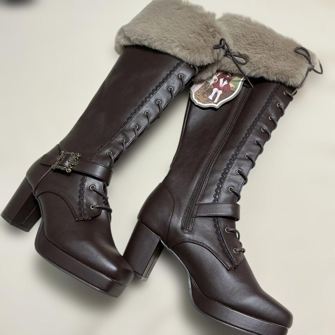 しまむら クラロリ くる実 レースアップ ロングブーツ ブラック LL