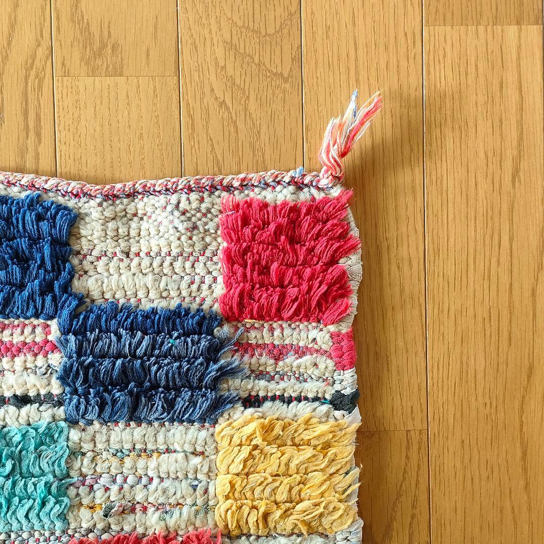 ヴィンテージ モロッコ製 カラフル チェックラグ 203×102cm 【Vintage