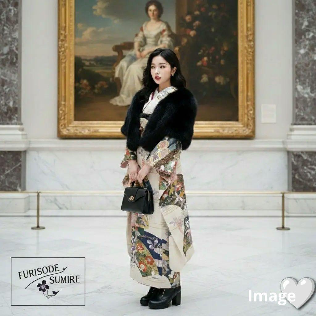 476アイボリー金彩 古典 正絹振袖6点フルセット 成人式卒業式謝恩会