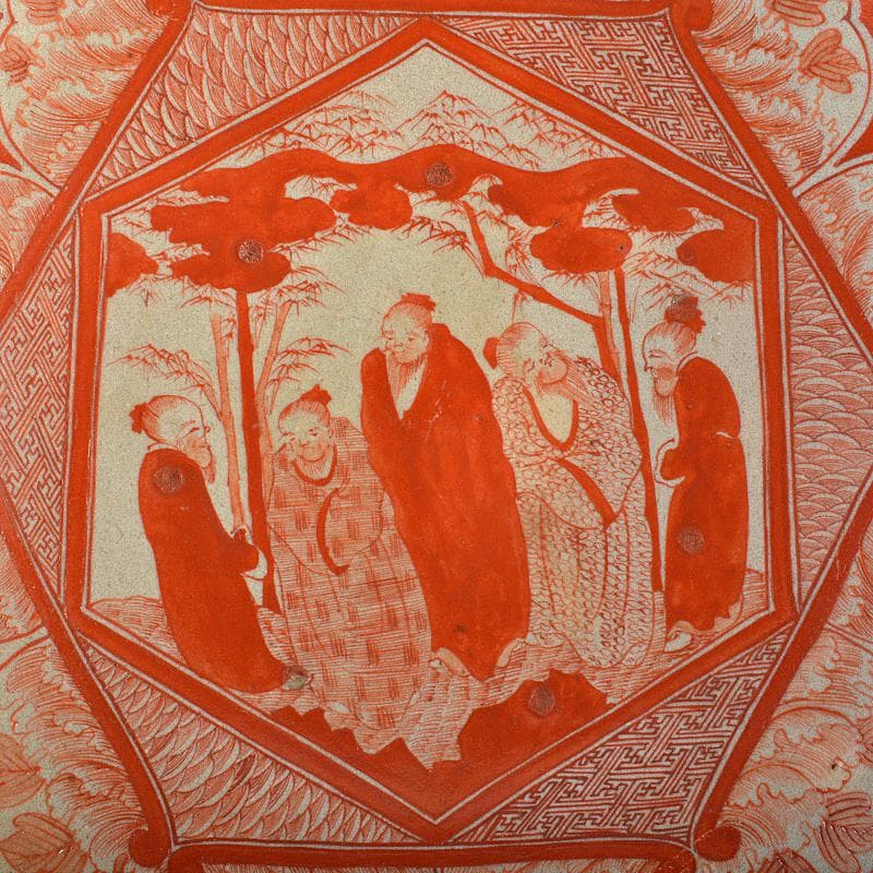 九谷焼 古九谷 赤絵 人物文 大皿 飾皿 角福銘 直径約36cm MR7218B