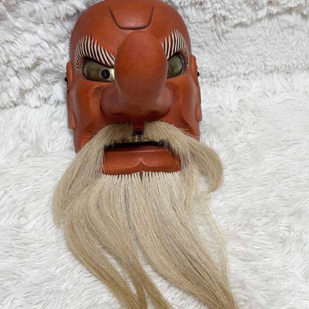【希少・共箱付】能面士　森崎夢我作　木彫 天狗面　平成十年作　天然毛　能面