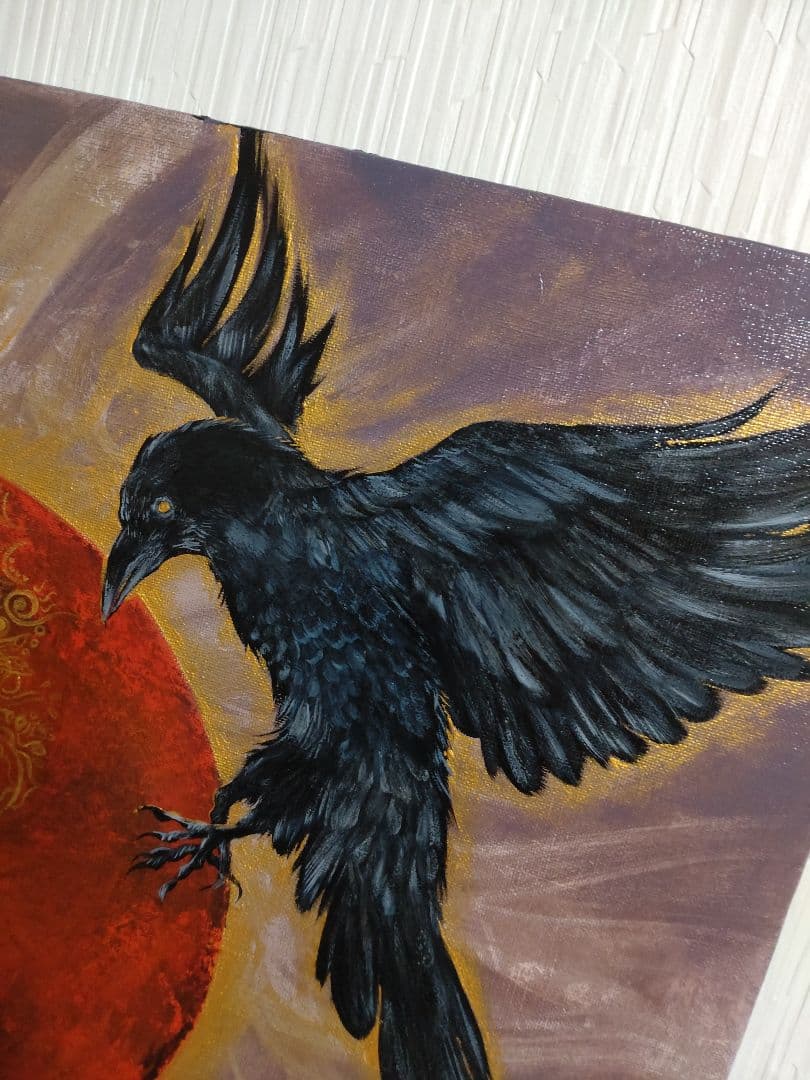 カラスの油絵◇1点物絵画◇アイヌ模様/パワーアート/真作/作者サイン