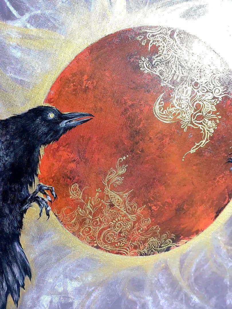 カラスの油絵◇1点物絵画◇アイヌ模様/パワーアート/真作/作者サイン