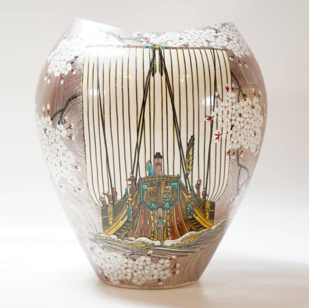 NA3411 九谷焼 プラチナ箔 北前船 飾壷 北村隆 秀逸作 共箱付 名工