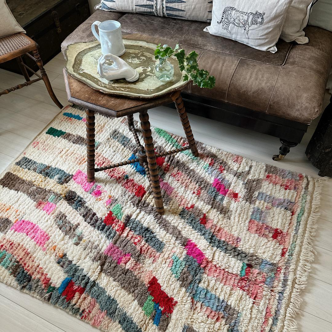 モロッコ製ヴィンテージラグ143 レア マゼンタピンク ミントグリーン