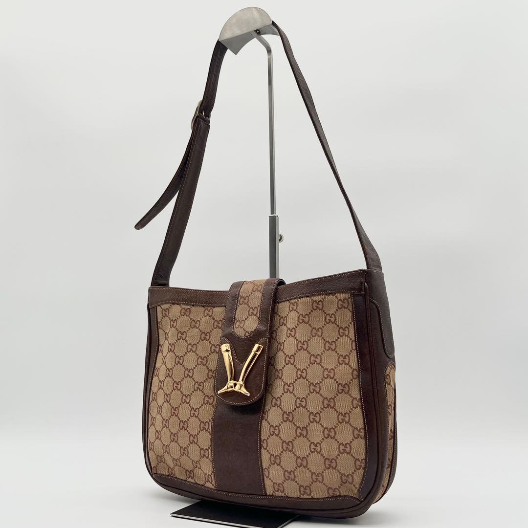 希少 GUCCI ショルダーバッグ GG キャンバス ブーツ金具 ブラウン