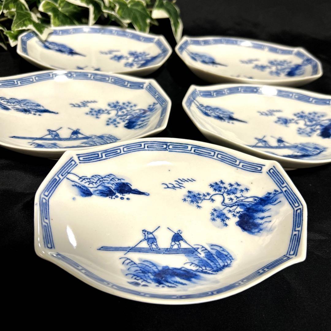 骨董品 古伊万里 染付山水人物画 菱型皿 舟形皿 変形小鉢 アンティーク