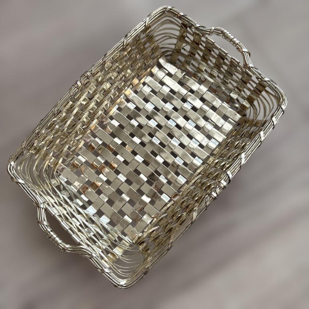 WAKO銀座和光 銀仕上げ 手編み加工バスケットトレイ 小物入れ 変色防止