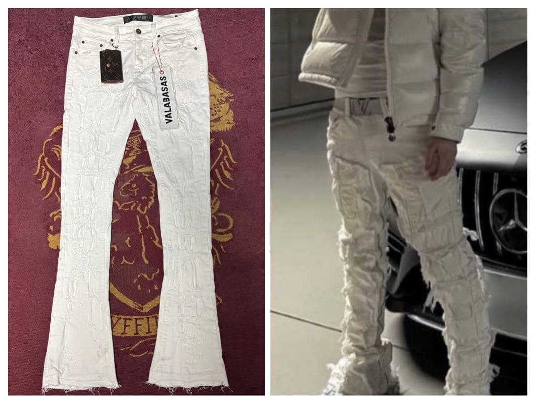 valabasasバラバサス クラッシュリペアスキニーフレアデニム ホワイト