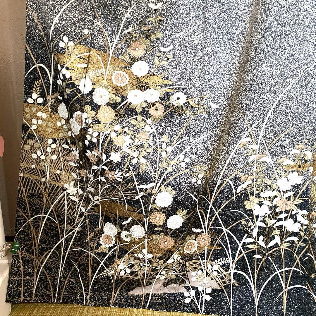 着物-袷着物2 秋草文様 黒地に金彩上品で華やかな装い【訪問着】【正絹