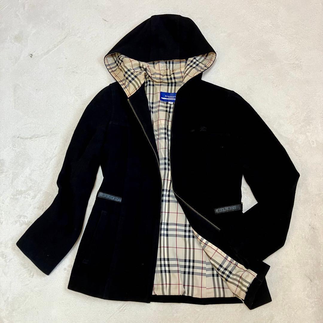 バーバリーブルーレーベル ウールコート フード付 裏ノバチェック 黒 M