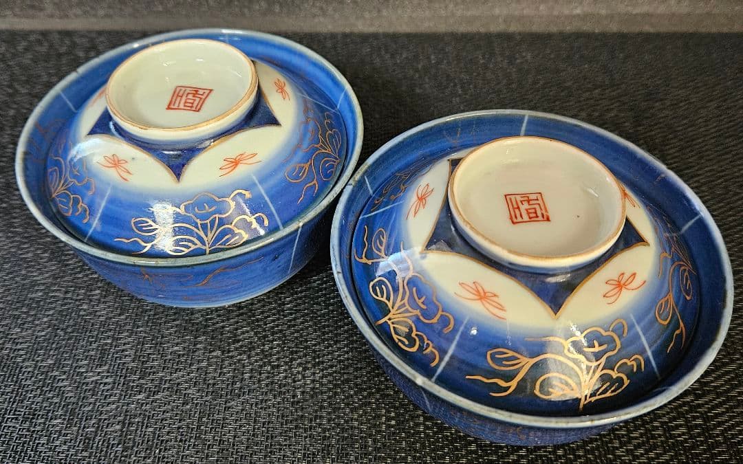 古伊万里手描き江戸期江戸時代幕末骨董品龍の図蓋付き飯碗5客