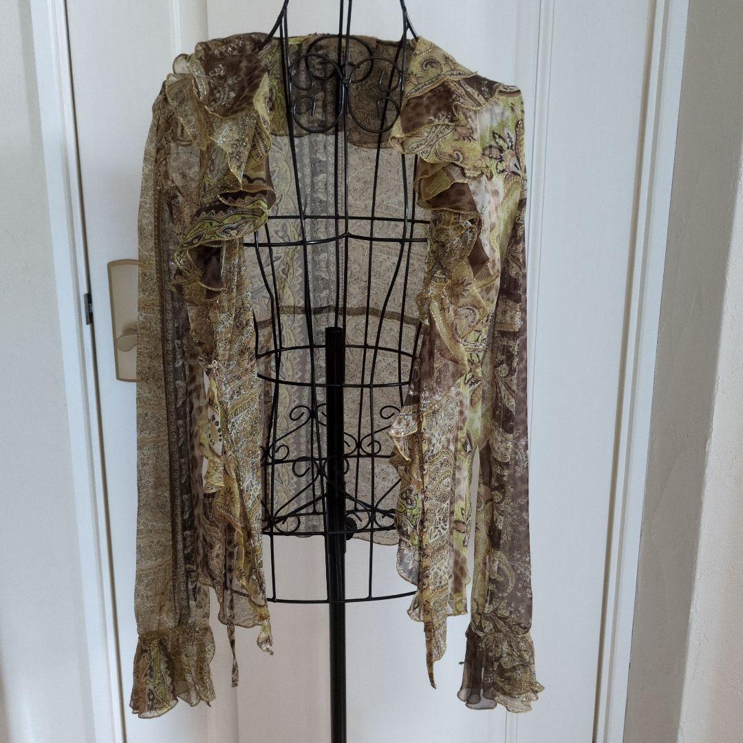 クラスロベルトカヴァリ シルクシースルー長袖シャツ フリル付き