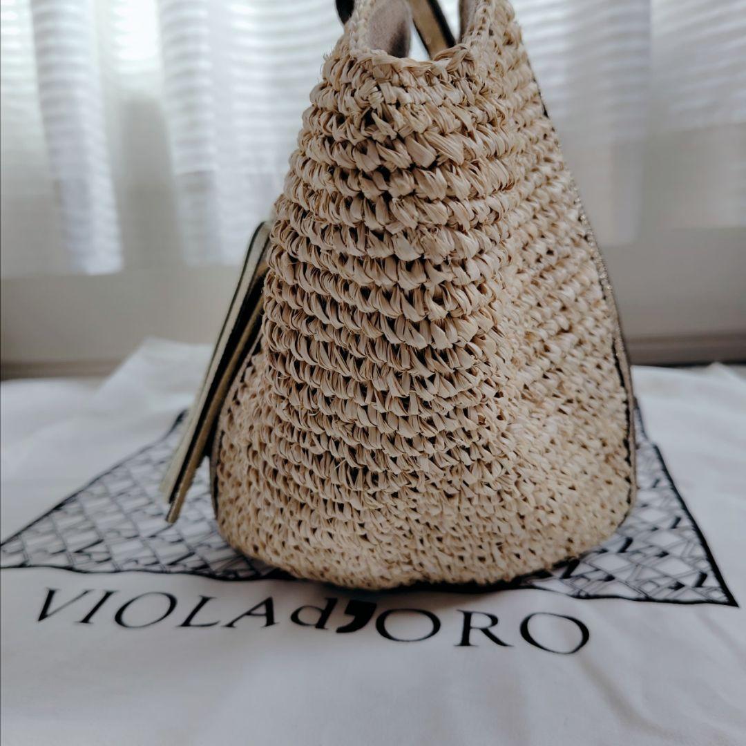 美品 ヴィオラドーロ ラフィアトートバッグ カゴバッグ 牛革タッセル