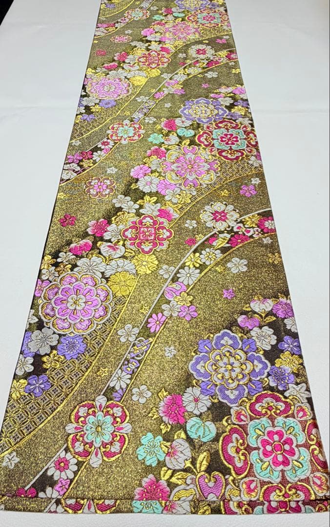 高級 袋帯 正絹 六通柄 ゴールド パープル 花文様 訪問着 振袖 付け