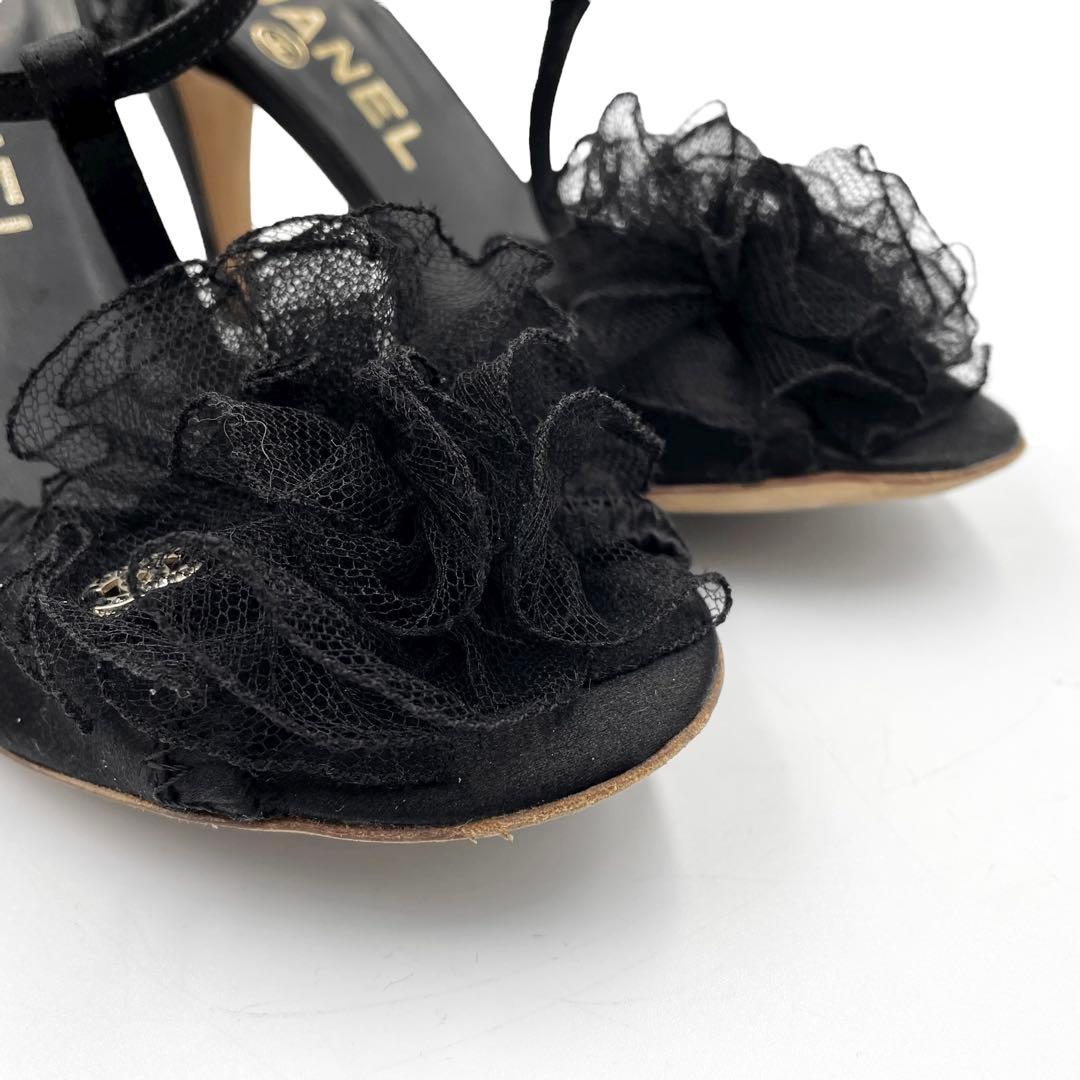 《超美品》CHANEL シャネル カメリア ココマーク パンプス サテン 黒系