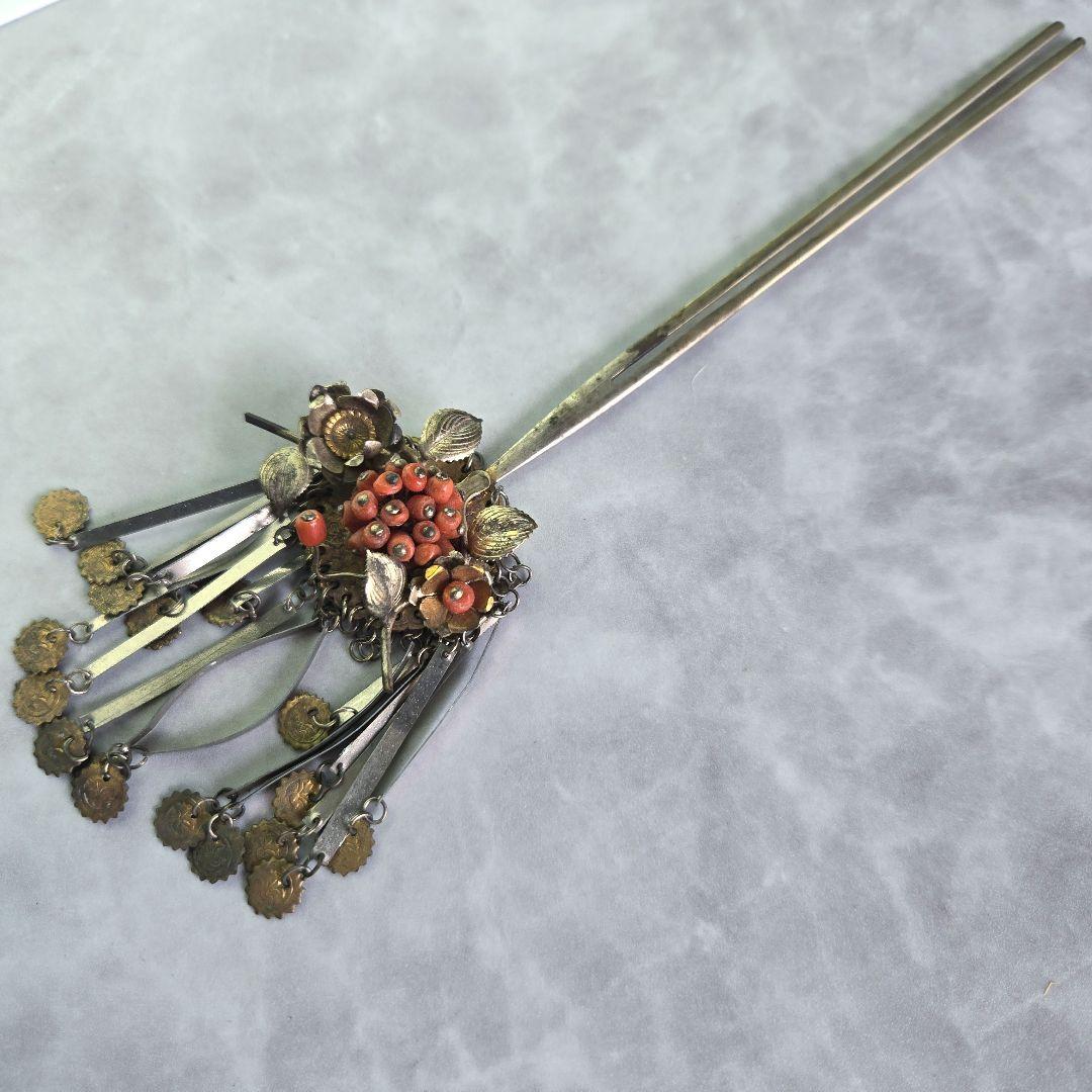 アンティーク 金工 珊瑚 簪 銀かんざし 紫陽花 H7 着物 明治 骨董 髪