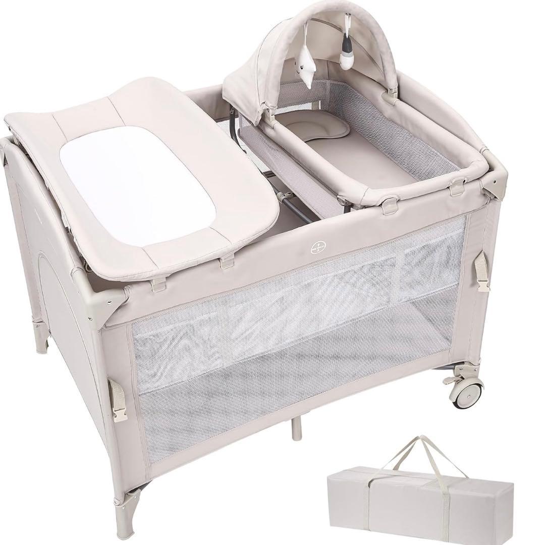 Thinkmax ベビーベッド クーファン おむつ交換台 ベージュ プレイヤー