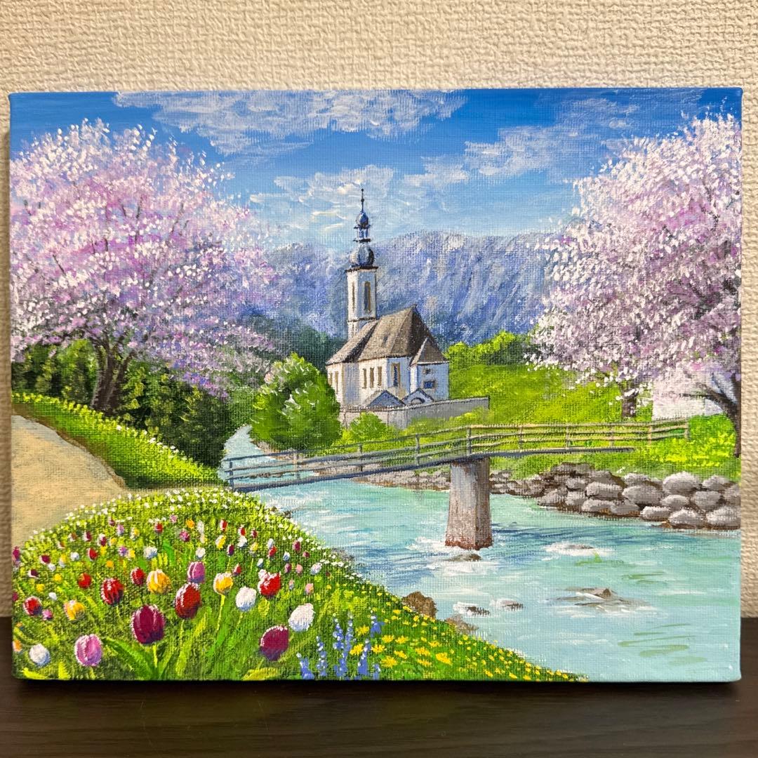 絵画 原画 風景画 肉筆 キャンバス F3 『教会と春 ヨーロッパ』 - メルカリ