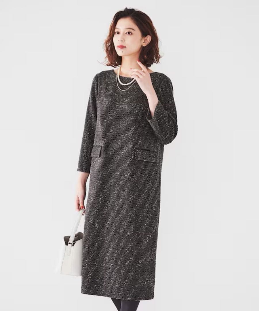 今期アンタイトル　ツイードライクジャージ サックワンピース　新品　42 13号 日本製きれいめ】ツイードライクジャージ サックワンピース | アン