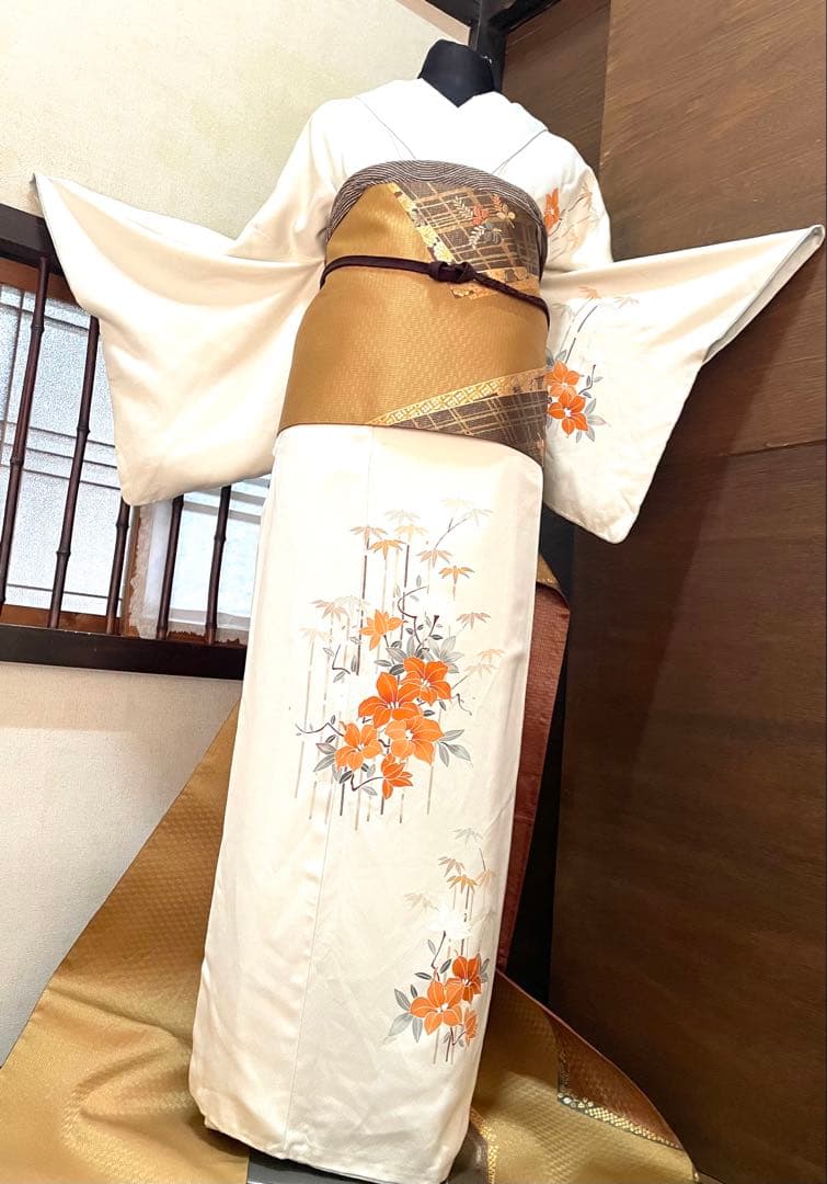 訪問着 フルセット5点サイズM〜L手描き友禅正絹 太鼓柄袋帯