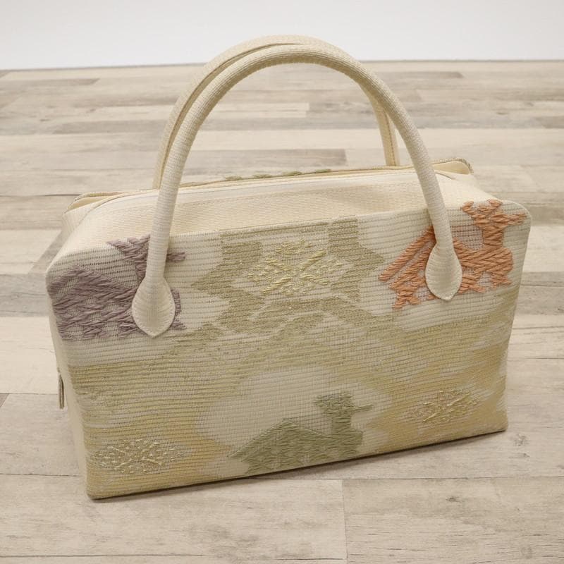 《和装バッグ◆利休バッグ■ベージュ系■有栖川と鹿刺繍＊着物♪和装Z7-20》
