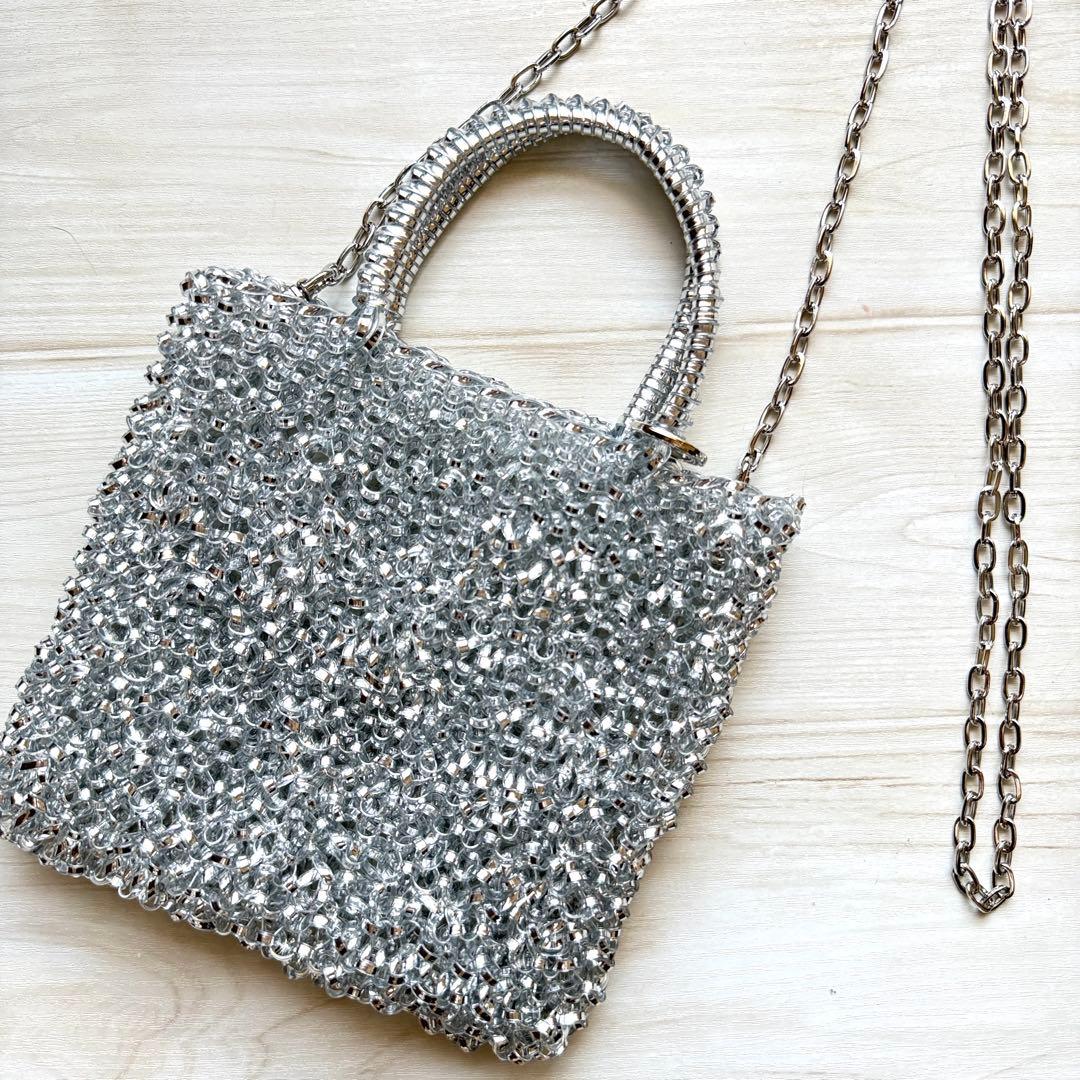 キラキラショルダーバッグ☆シルバー☆取り外し可能なチェーン付き