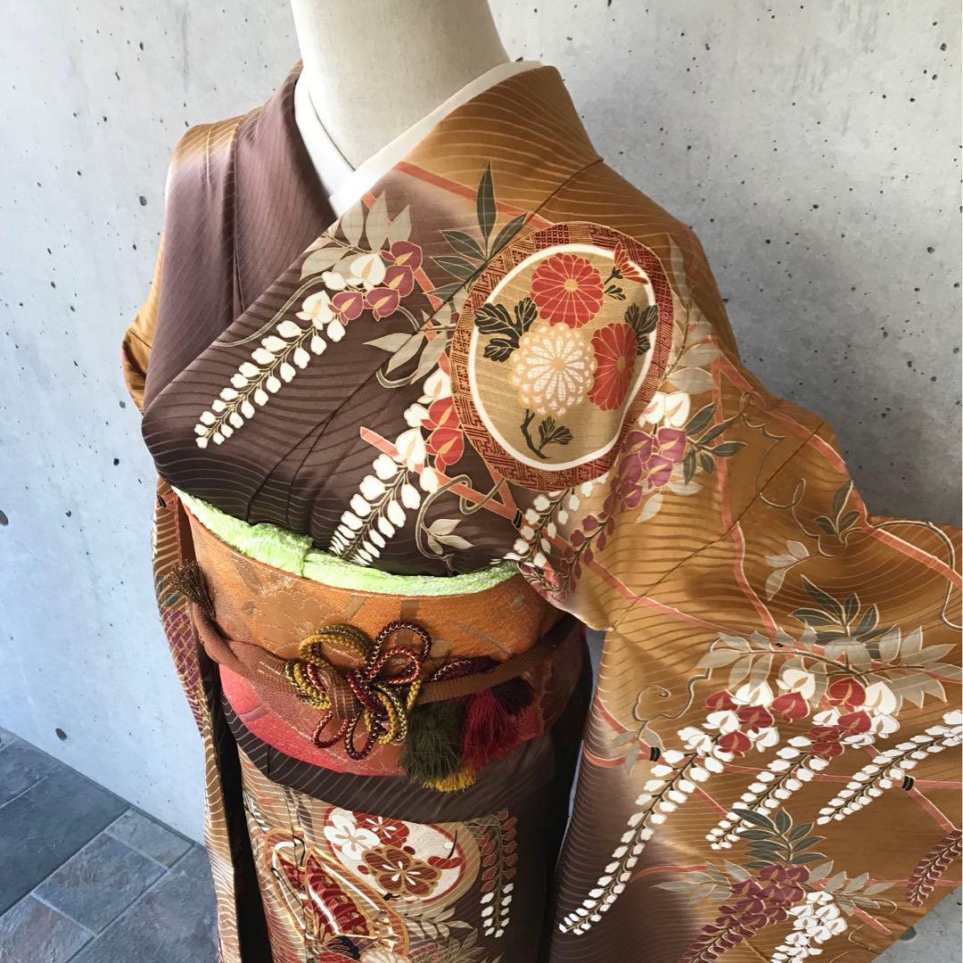 帯サービス】正絹 振袖 花蝶に金箔 染め分け