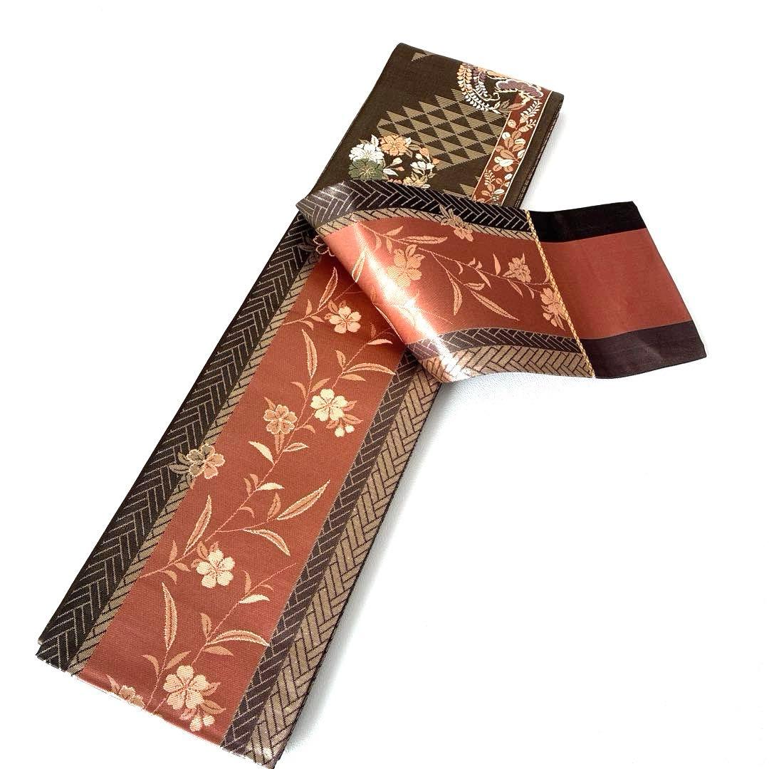 477半幅帯 小袋帯 長尺 正絹 西陣織 焦げ茶色 金通し豪華絢爛 小紋