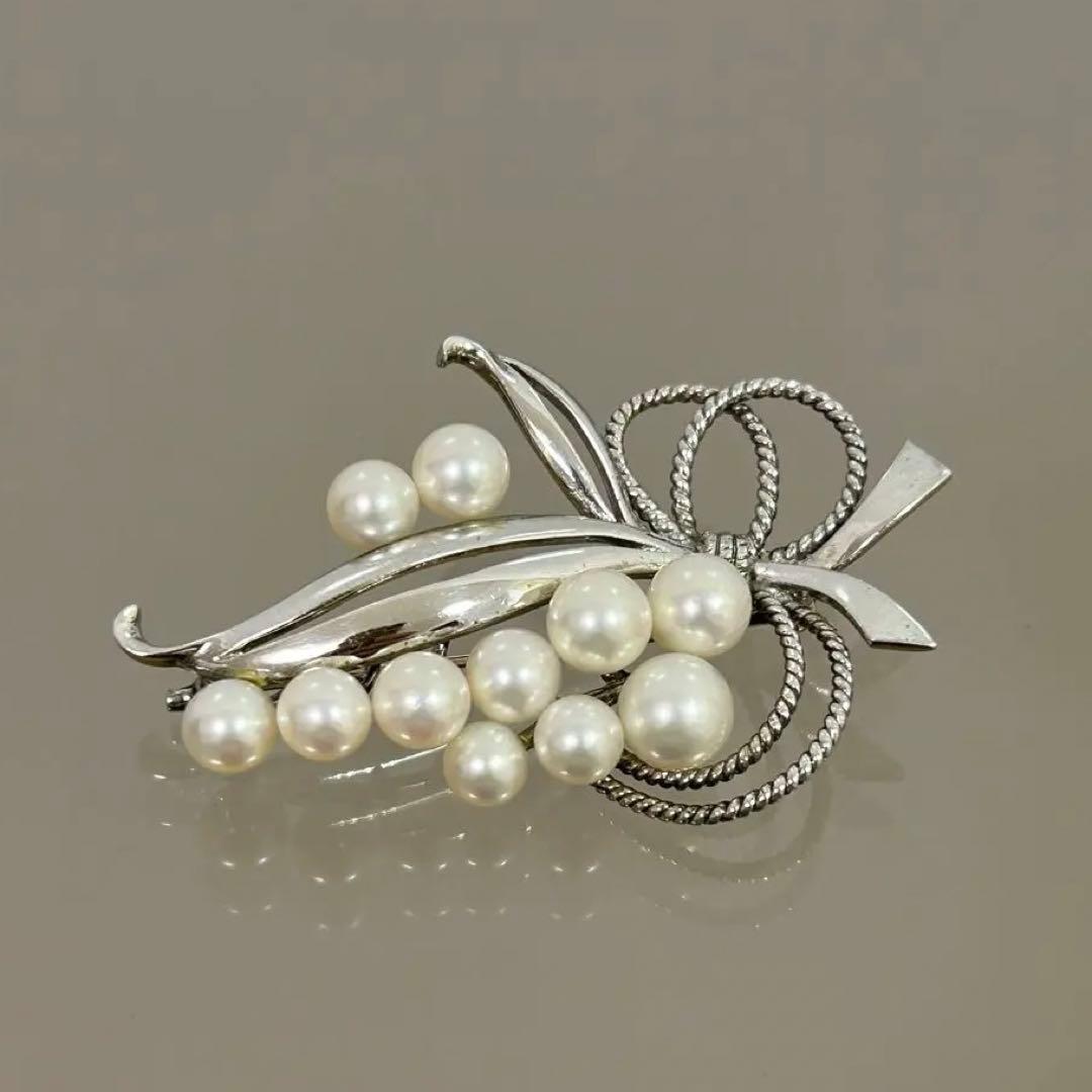 ミキモト アコヤ本真珠 11粒 パール ブローチ silver シルバー リボン