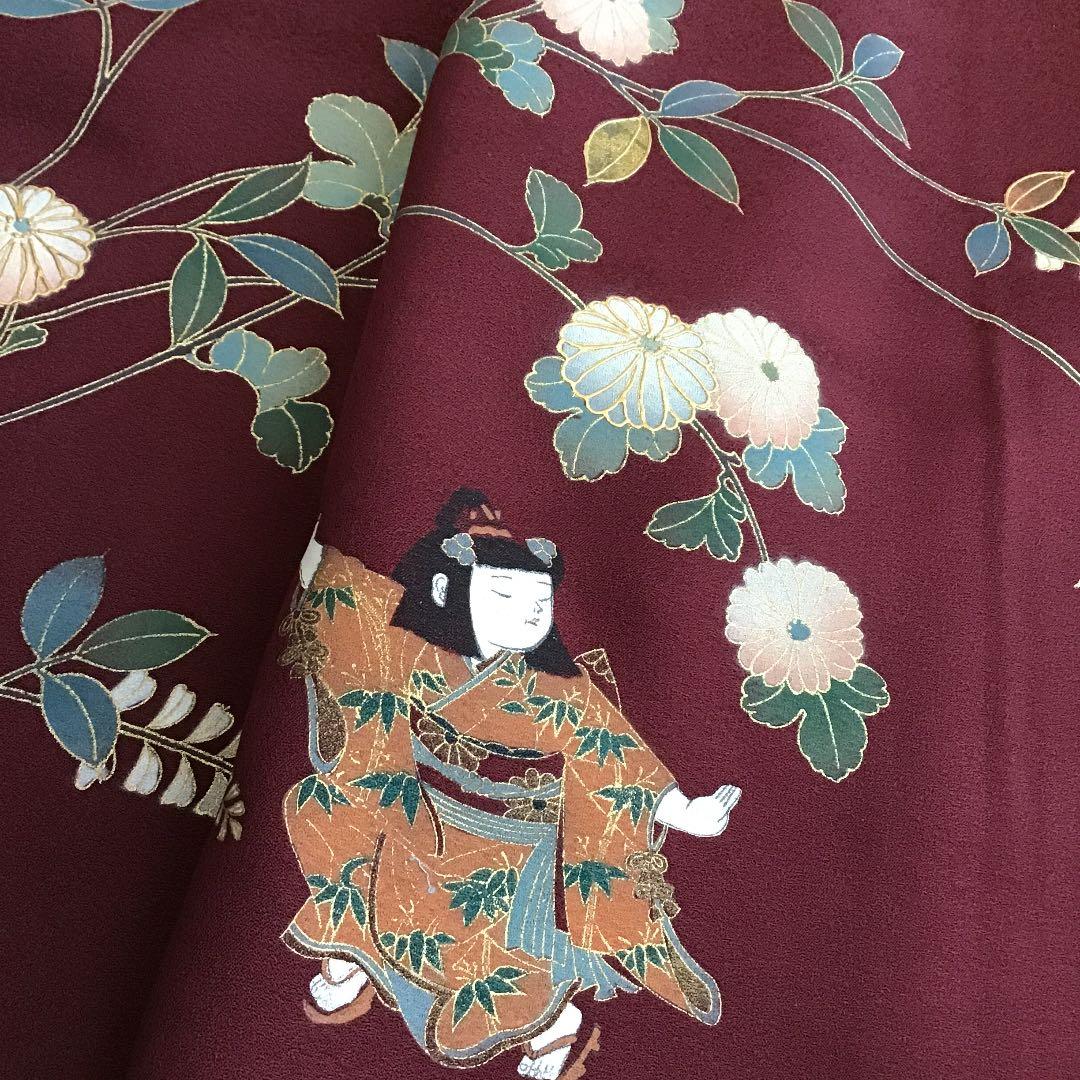 付下げ 童子柄 赤銅色 正絹 158cm