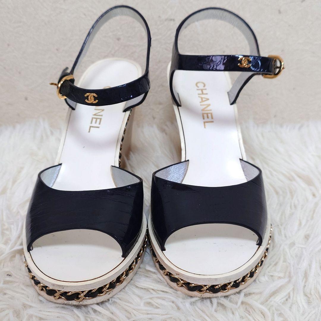 シャネル ミュール チェーン ココマーク ウッドソール 36c エナメル